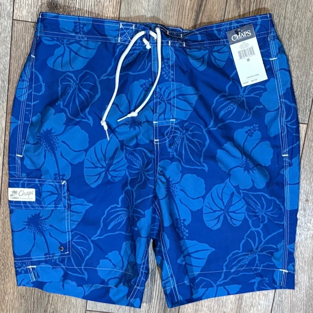 Chaps Swim Trunks Mens Medium‎ Blue New Tropical Hibiscus Floral Cargo Shorts